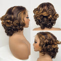 Three views of a styled wig with brown and blonde hair on a white background, Obroi