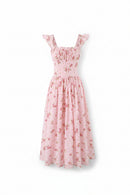Women's Pink Floral Sundress Ruffle Strap Elegant French Vacation Summer Dress