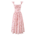 Women's Pink Floral Sundress Ruffle Strap Elegant French Vacation Summer Dress