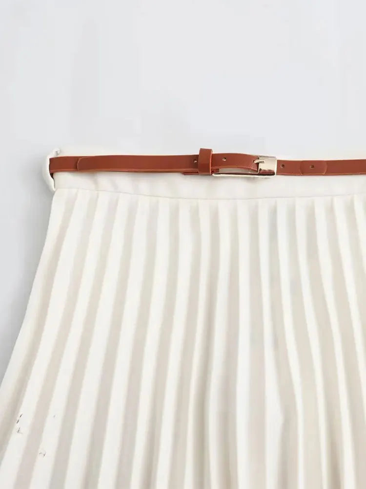 Mini Pleated Skirt For Women Belt High Waist Solid Casual Versatile Skirts Female Short Skirt