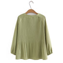 Spring Women Pleated Chiffon Blouses V Necks Long Sleeve Solid Casual Pullover Shirts Loose Tops