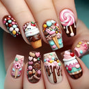 24Pc Blue White Shading Fake Nails Candy Pattern Design Med-length Coffin Press on Nails Sweet Cute Fashion Full Over False Nail