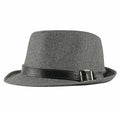 Gray fedora hat with a black band and buckle on a white background, Obroi