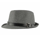 Gray fedora hat with a black band and buckle on a white background, Obroi