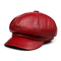 Woman Red Hat Real Leather Genuine Leather Baker Ladies Octagonal Eight-panel Cap