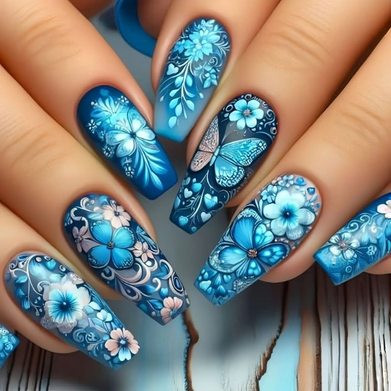 24pcs/set Medium long nails square ballet tips flowers butterfly for spring summer press on false nail