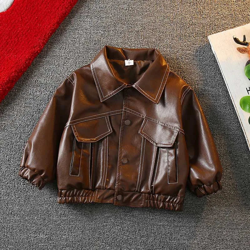 Children Leather Coat Spring Autumn Boy Jackets Baby Kids Casual Outerwear 2-8 Years Old