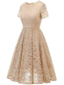 Elegant Lace Swing Party Short Prom Dress Short Sleeve Solid Evening Dresses