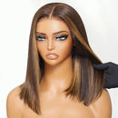Lace Ombre Brown Left Side Part Straight Bob Wig With Blowout Bangs Drawstring Glueless Wig