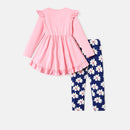 Kid Girl High Low Bowknot Design Tee and Floral Leggings Set