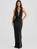 Satin Halter Backless Maxi Dress Women Gown Elegant Lace-up High Waist Evening Club Long Dress