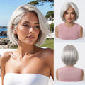 A collage showing a silver-gray bob wig worn by a woman outdoors on the left and on mannequins against a white background on the right, with front and back views of the wig, Obroi
