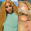 Woman with long blonde curly hair and close-up of the hairline and lace front, Obroi