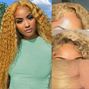 Woman with long blonde curly hair and close-up of the hairline and lace front, Obroi