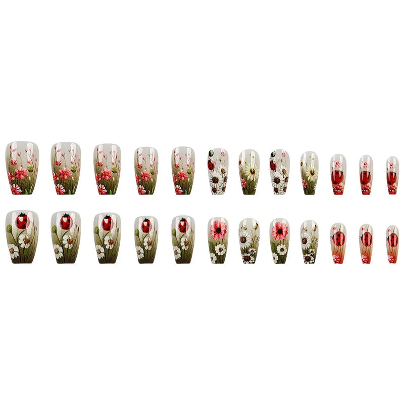 24pcs Spring Flowers False Nails Wearable Detachabe Square Press on Nails for Girls