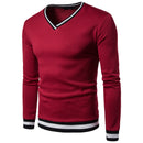 Mens Warm Clothing Contrast Color Striped Hem V Neck Pullover Casual Winter Autumn Sweatshirt Long Sleeve Slim Fit T-shirt
