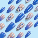 Gradient Blue Flower Fake Nails Almond Wearable Press on Nails Full Cover Stick-on False Nails Women