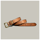 Brown leather belt with brass buckle on a gray background, Obroi