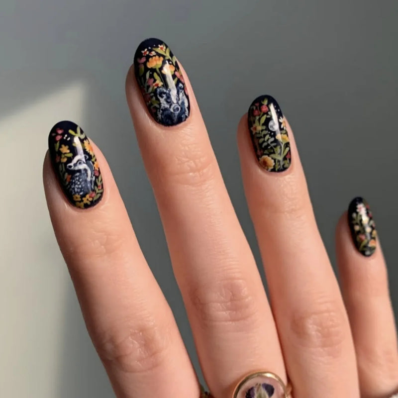 Flower Leaf Animal with Design Press on False Nails Art Short Round Head Nails