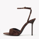 Retro Brown Velvet High-heeled Sandals for Women Elegant Banquet Slingback Dress Shoes