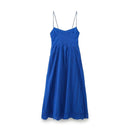 Women Hollow Out Embroidery Blue Spaghetti Strap Dress Female Midi Summer Dresses