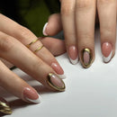 Close-up of hands with pink and white nail polish and gold nail art on a white background, Obroi