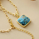 Natural Stone Square Turquoises Gold Plated Curb Chain Pendant Necklace Women Bohemia Beaded Necklace Jewelry