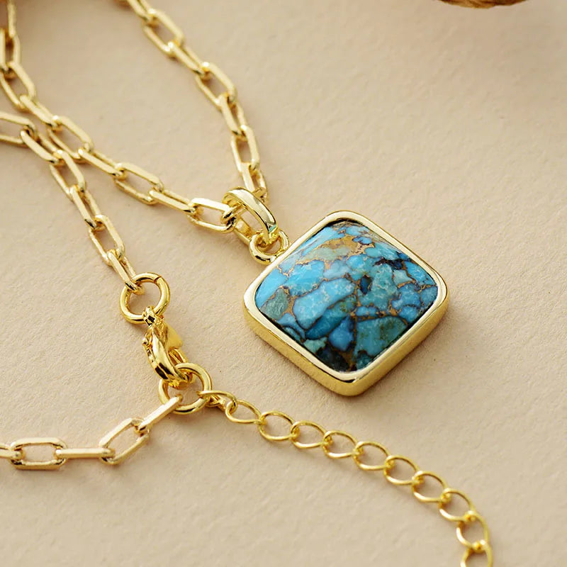 Natural Stone Square Turquoises Gold Plated Curb Chain Pendant Necklace Women Bohemia Beaded Necklace Jewelry