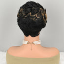 Mannequin head with styled black and blonde hair against a gray background, Obroi