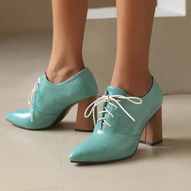 Women Oxfords Lace-up Block High Heels Female Pumps Shoes
