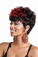 Woman with styled hair featuring red and black color gradient on a white background, Obroi
