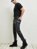 Autumn Mens Motorcycle Riding Windproof Pants Punk Genuine Leather Cargo Pants Long Trousers