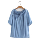 Blouses Women Summer Lace-Up Boat Neck Solid Tees Short Sleeve Tops Oversized Curve Clothes