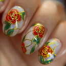 Nails with floral design featuring red roses, gold leaves, and green stems on a white background, Obroi