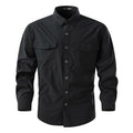 Black button-up shirt with two front pockets on a white background, Obroi