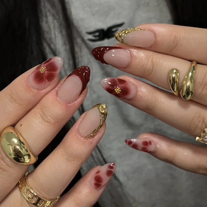 24pcs Wearable Fake Nail Sweet Pink Flower Almond Nails Sets Press on Bow Diamond Design Nails Tips Finished Pearl False Nail