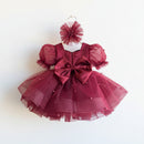 Kids Girls Princess Tulle Pearls Bow Flower Girl Dresses Christmas Gift Wedding Birthday