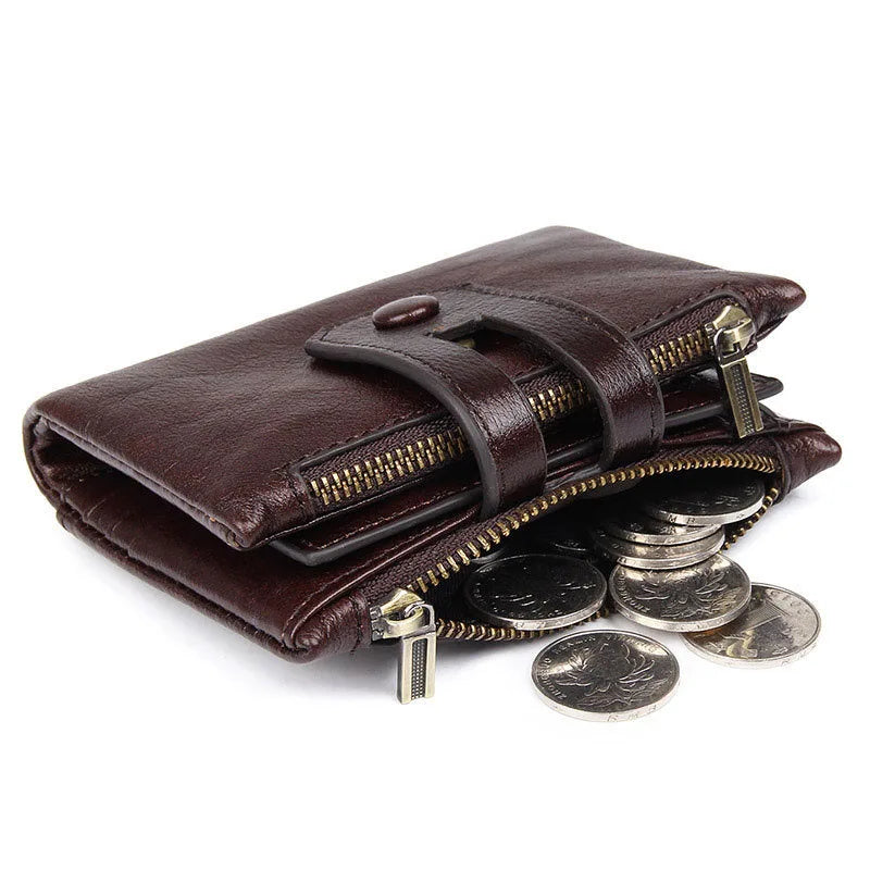 Leather Purse Men Clutch Wallet Double Zipper Card Holders Vintage Genuine Leather Coin pocket Short Wallet