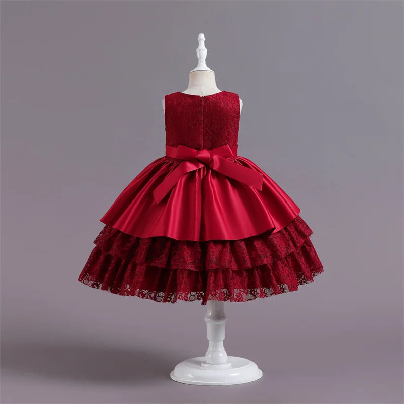 Girls Flower Dresses For Wedding and Party Kids Princess Lace Bowknot Birthday Performance Costumes Children Clothing