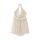 Halter Beige Lace Tops Women Beige Patchwork Knitted Mesh Loose Tops Summer Tank Tops Women