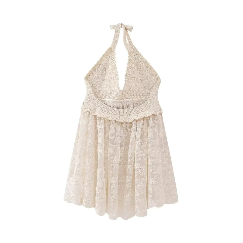 Halter Beige Lace Tops Women Beige Patchwork Knitted Mesh Loose Tops Summer Tank Tops Women