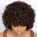 Curly brown wig on a mannequin head against a white background, Obroi