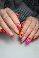 Close-up of hands with colorful nail art on a neutral background, Obroi