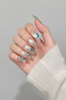 Handmade Press On Nails With Ice Clear Blue Almond Nail Tips With Tears Rhinestone Wearable Detachable