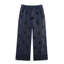 Women Embroidery Wide Leg Pants Patch Pockets Vintage Casual Female Trousers