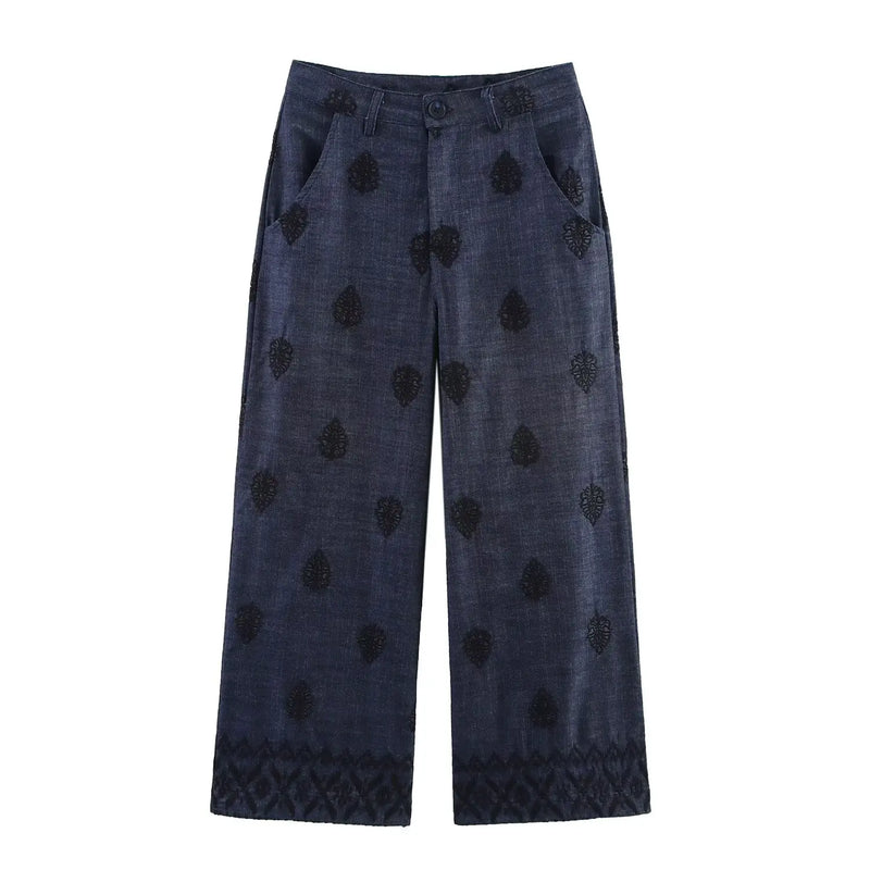 Women Embroidery Wide Leg Pants Patch Pockets Vintage Casual Female Trousers