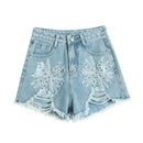 Summer Denim Shorts Women Firework Embroidery Beaded Ripped Raw Hem Jean Shorts