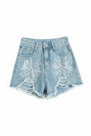 Summer Denim Shorts Women Firework Embroidery Beaded Ripped Raw Hem Jean Shorts