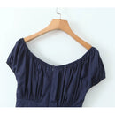 Women Vintage Puff Sleeve Square Neck Navy Blue Mini Dress Low Waist Female Cotton Casual Robe