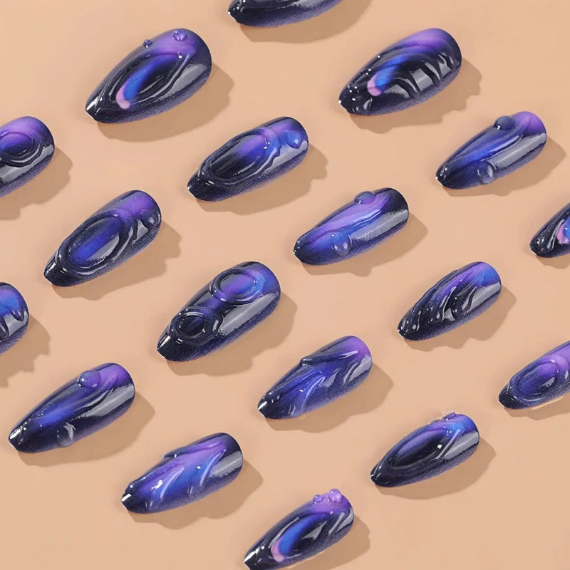 24pcs Purple Aurora Fake Nails Press On Acyrlic Nails Long Almond Glitter Nails Wearable Water Drops False Nails Decor